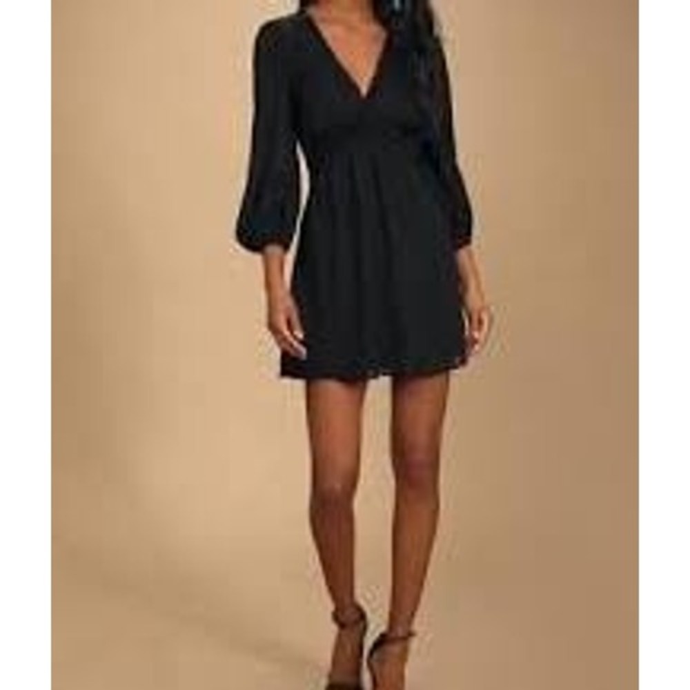 Lulus Womens Mini Dress M Black Jacquard Stripe Ruffle V-Neck Balloon Sleeve